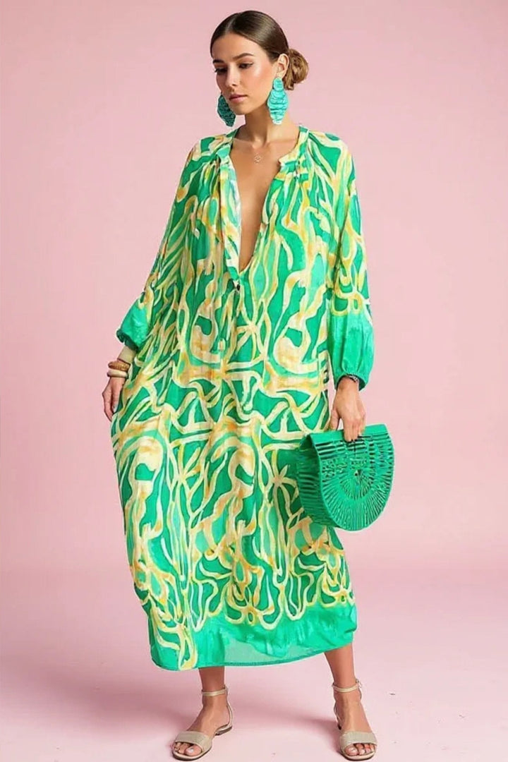 Abstract Print V-Neck Kaftan Maxi Dress