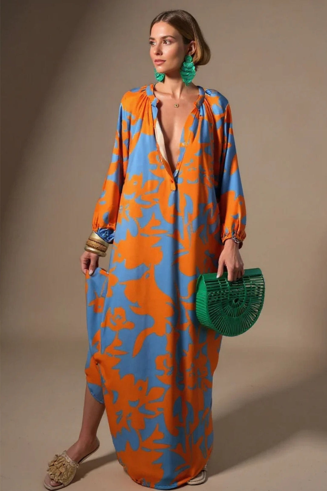 Abstract Print V-Neck Kaftan Maxi Dress
