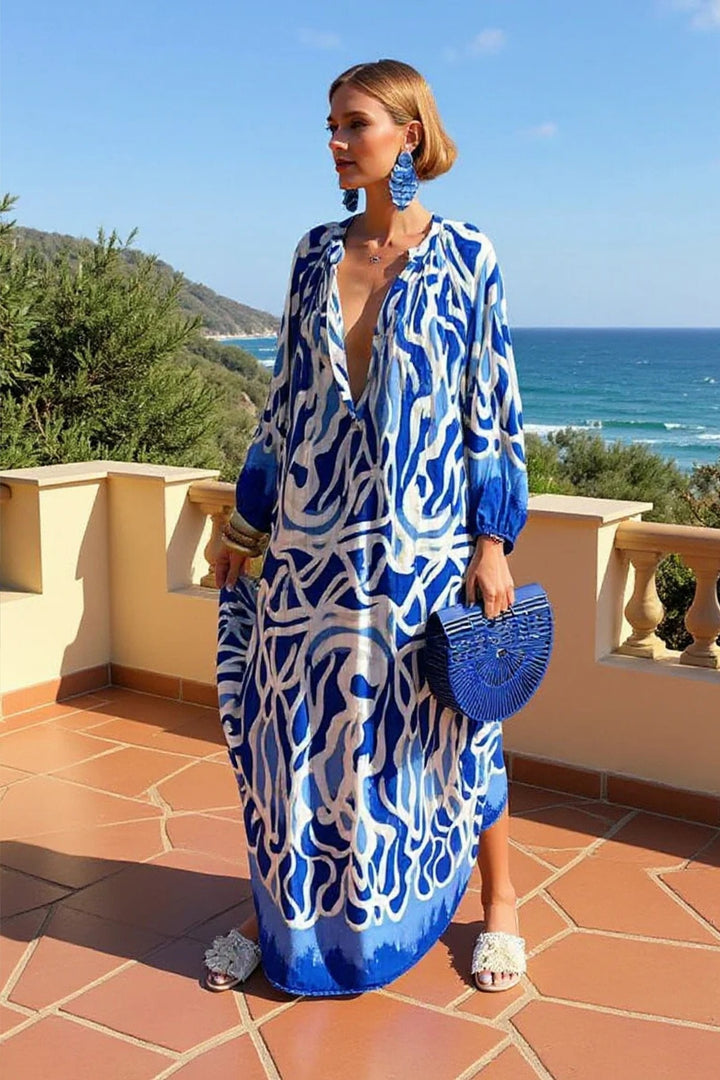 Abstract Print V-Neck Kaftan Maxi Dress
