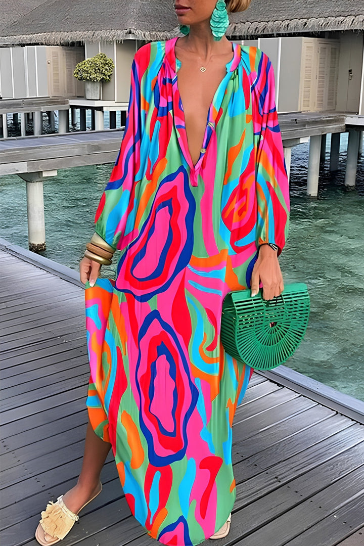 Abstract Print V-Neck Kaftan Maxi Dress