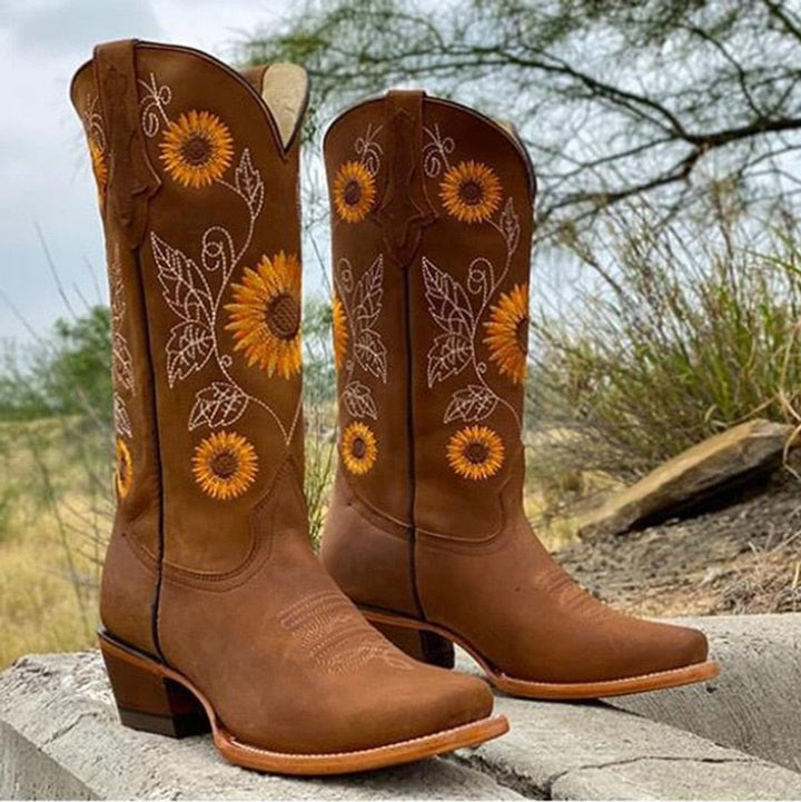Sunflower Embroidered Western Cowboy Ankle Boots