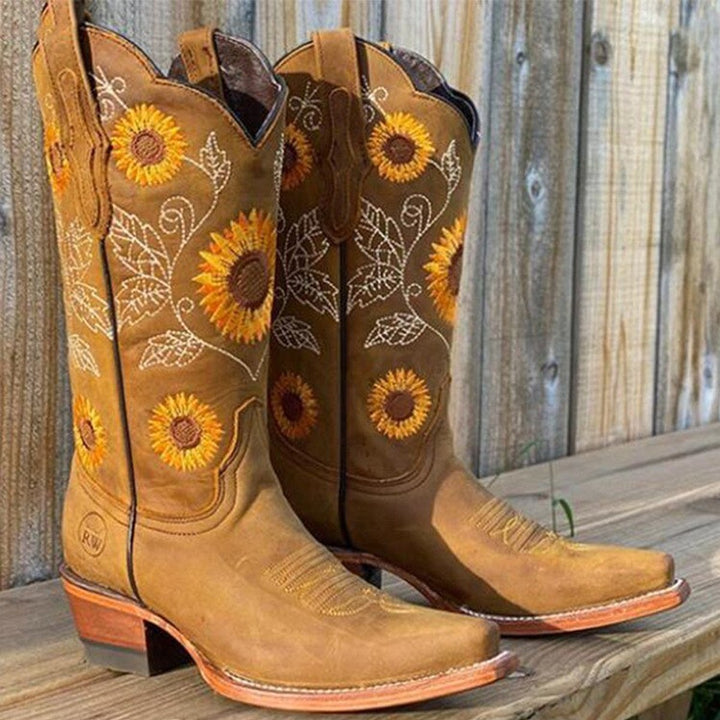 Sunflower Embroidered Western Cowboy Ankle Boots
