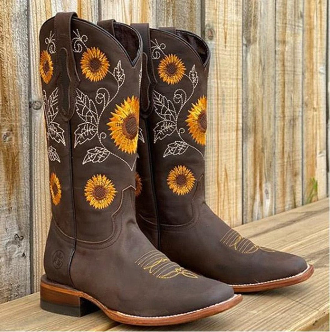 Sunflower Embroidered Western Cowboy Ankle Boots
