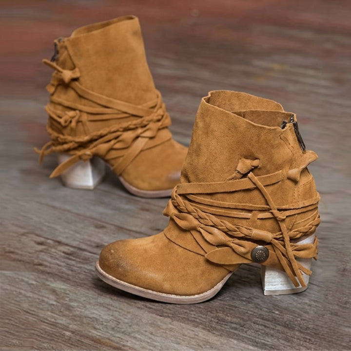 Western Suede-Effect Block Heel Ankle Boots
