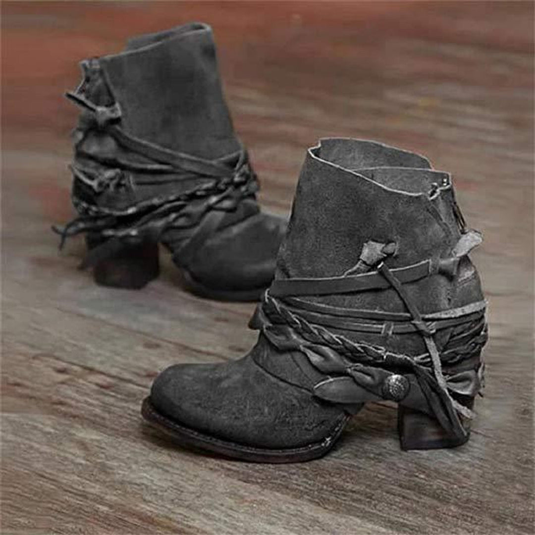 Western Suede-Effect Block Heel Ankle Boots