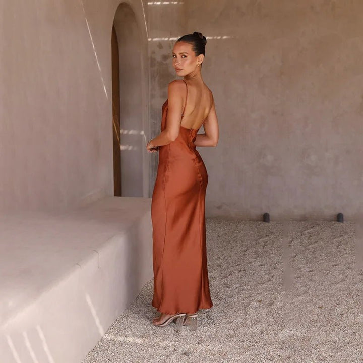 Backless Satin Maxi Dress with High Slit