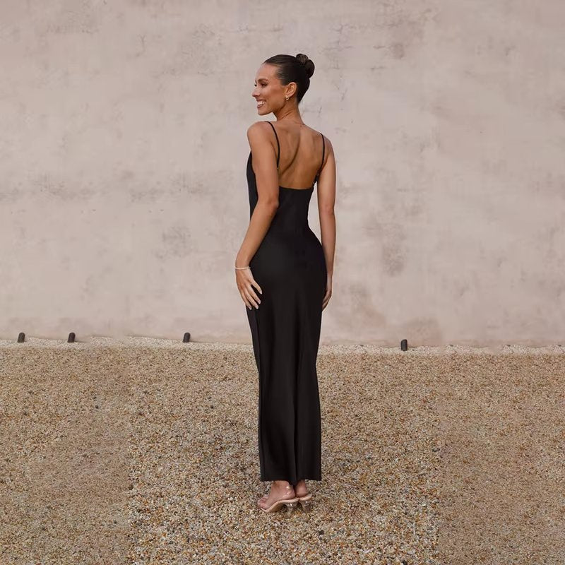 Backless Satin Maxi Dress with High Slit