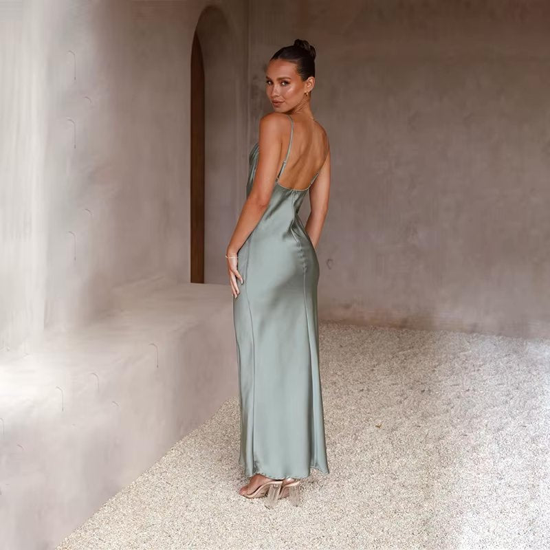 Backless Satin Maxi Dress with High Slit