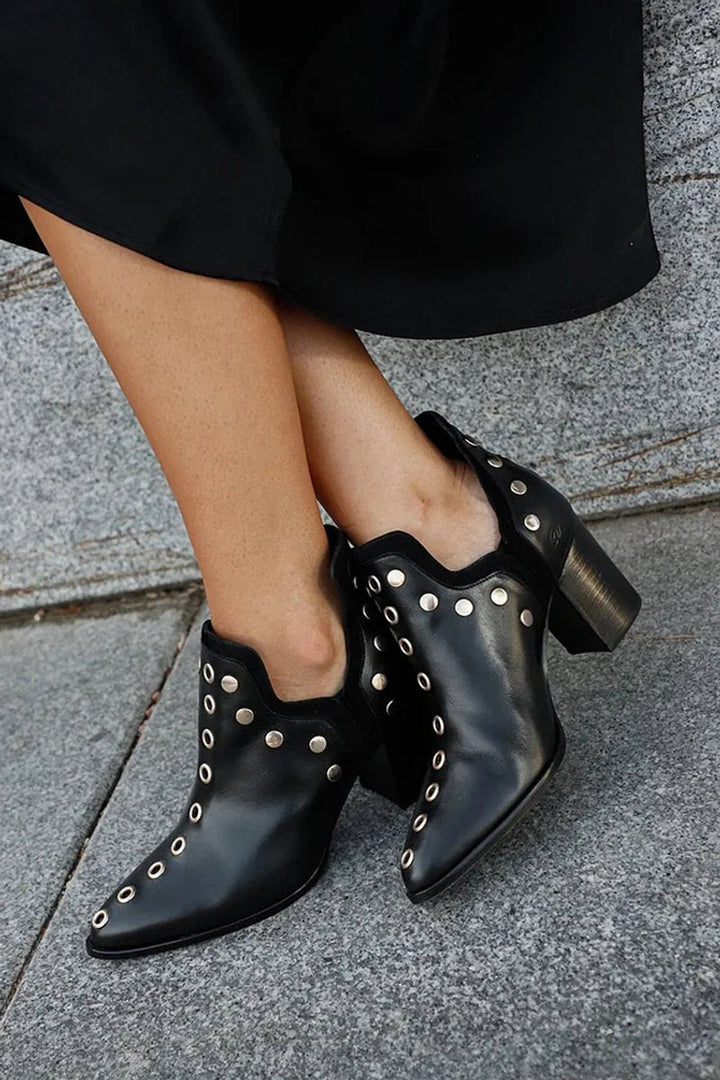 Black Studded Block-Heel Pointed-Toe Ankle Boots