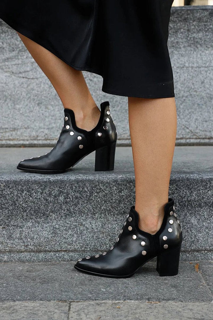 Black Studded Block-Heel Pointed-Toe Ankle Boots