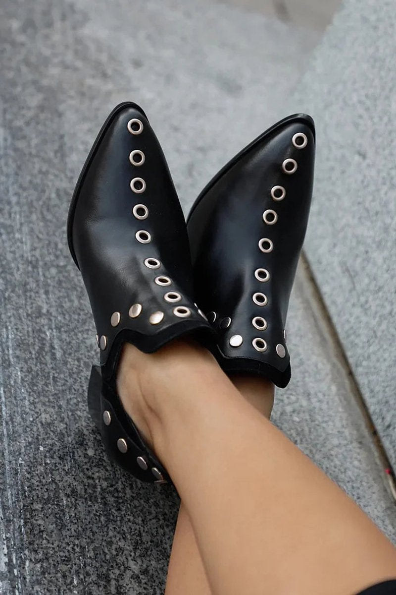 Black Studded Block-Heel Pointed-Toe Ankle Boots