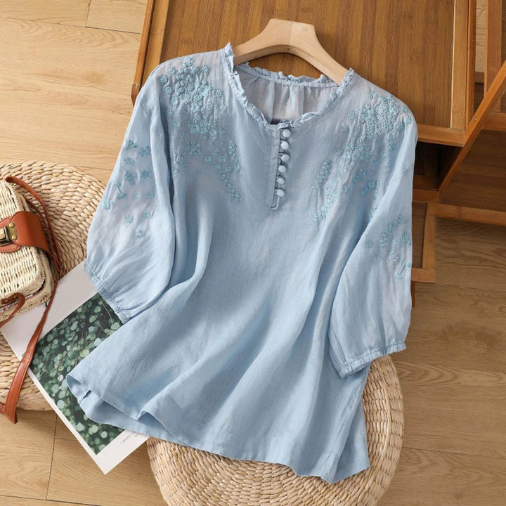 Bohemian Floral Embroidered Puff-Sleeve Blouse