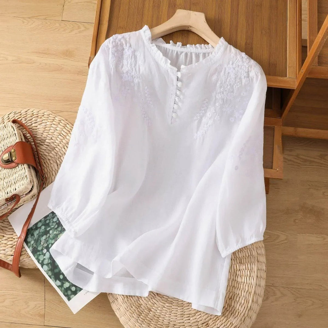 Bohemian Floral Embroidered Puff-Sleeve Blouse