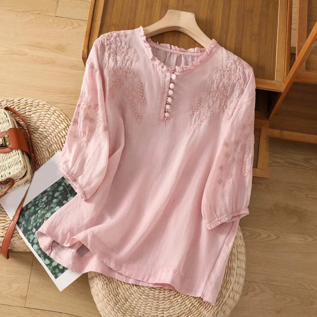 Bohemian Floral Embroidered Puff-Sleeve Blouse