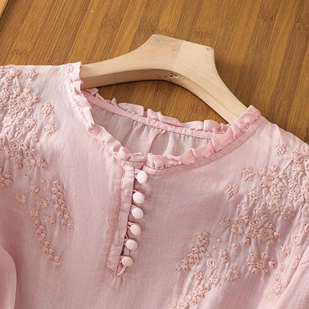 Bohemian Floral Embroidered Puff-Sleeve Blouse