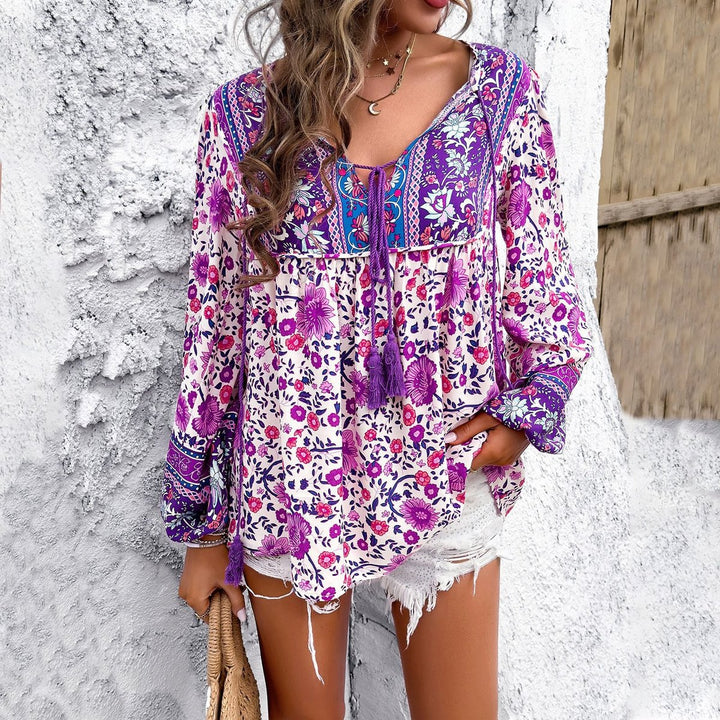 Boho Floral V-Neck Tassel Tunic Top