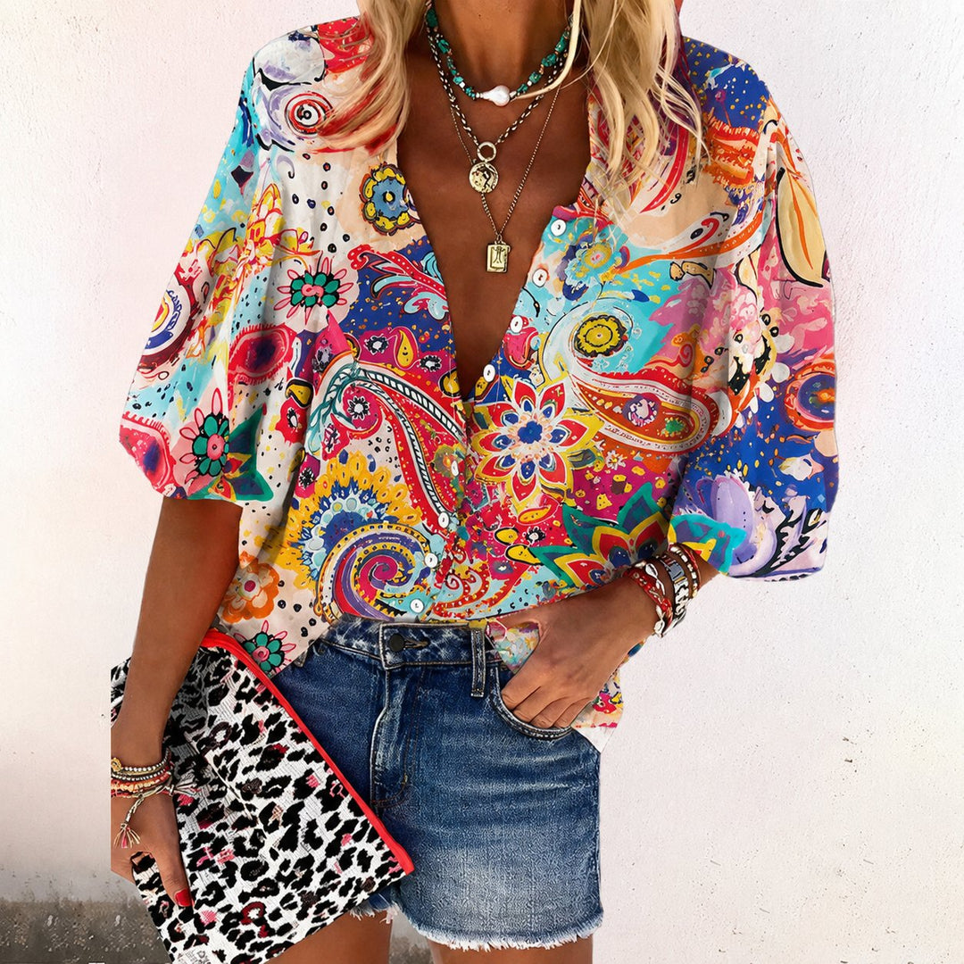 Boho Floral V-Neck Long Sleeve Blouse