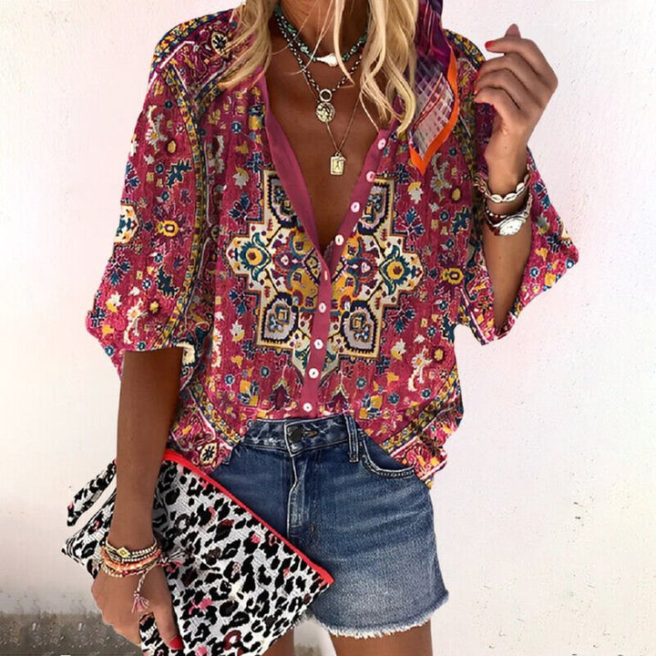 Boho Floral V-Neck Long Sleeve Blouse