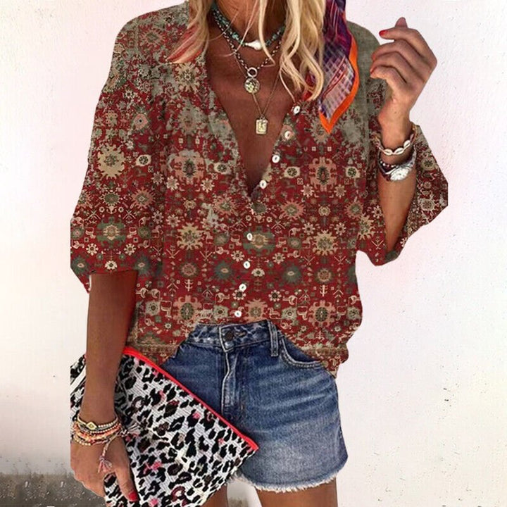 Boho Floral V-Neck Long Sleeve Blouse