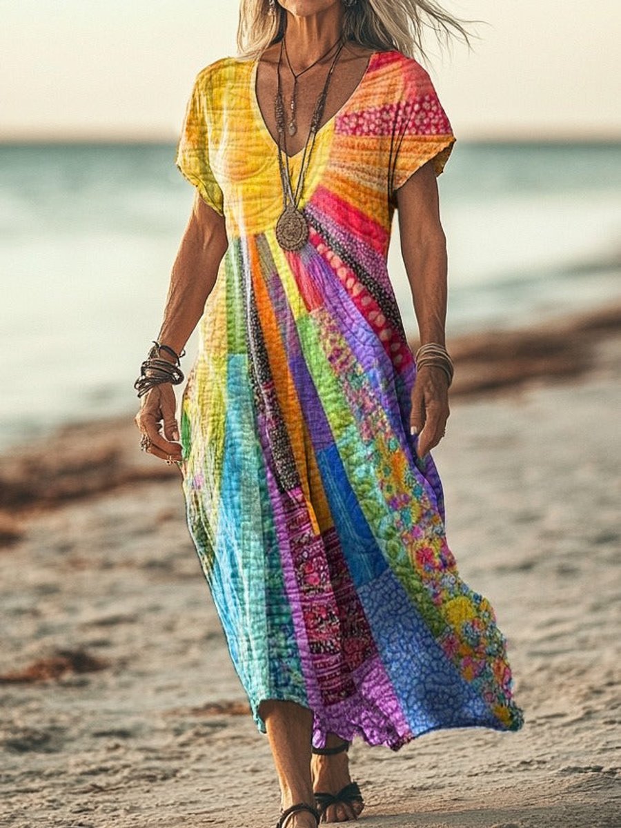 Patchwork Boho Midi Dress