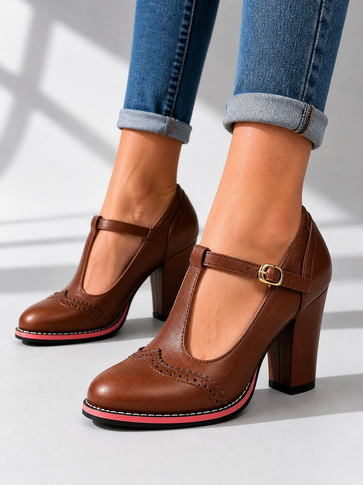 Brogue T-Bar Block Heel Shoes