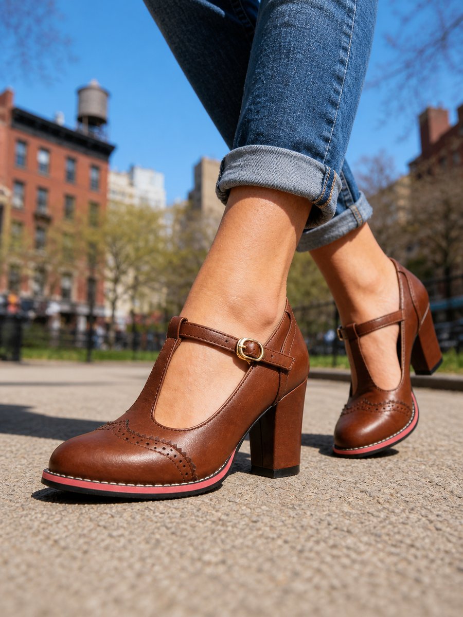Brogue T-Bar Block Heel Shoes