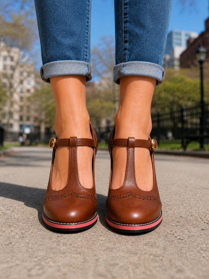 Brogue T-Bar Block Heel Shoes