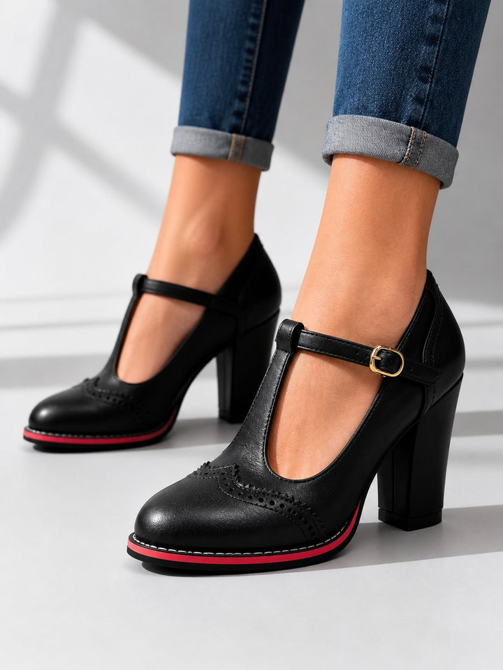 Brogue T-Bar Block Heel Shoes