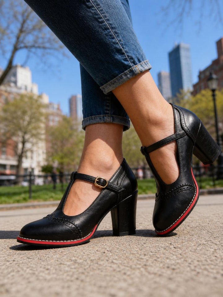 Brogue T-Bar Block Heel Shoes