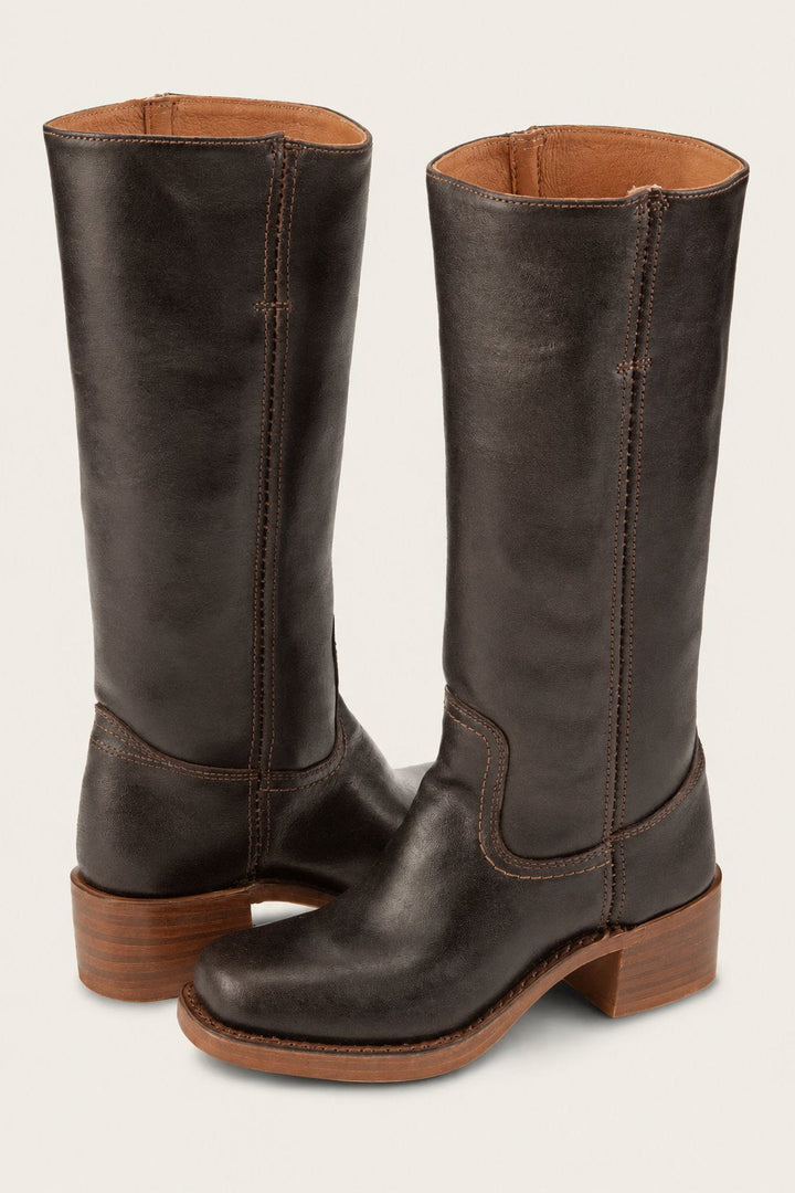 Brown Leather Knee-High Block Heel Boots
