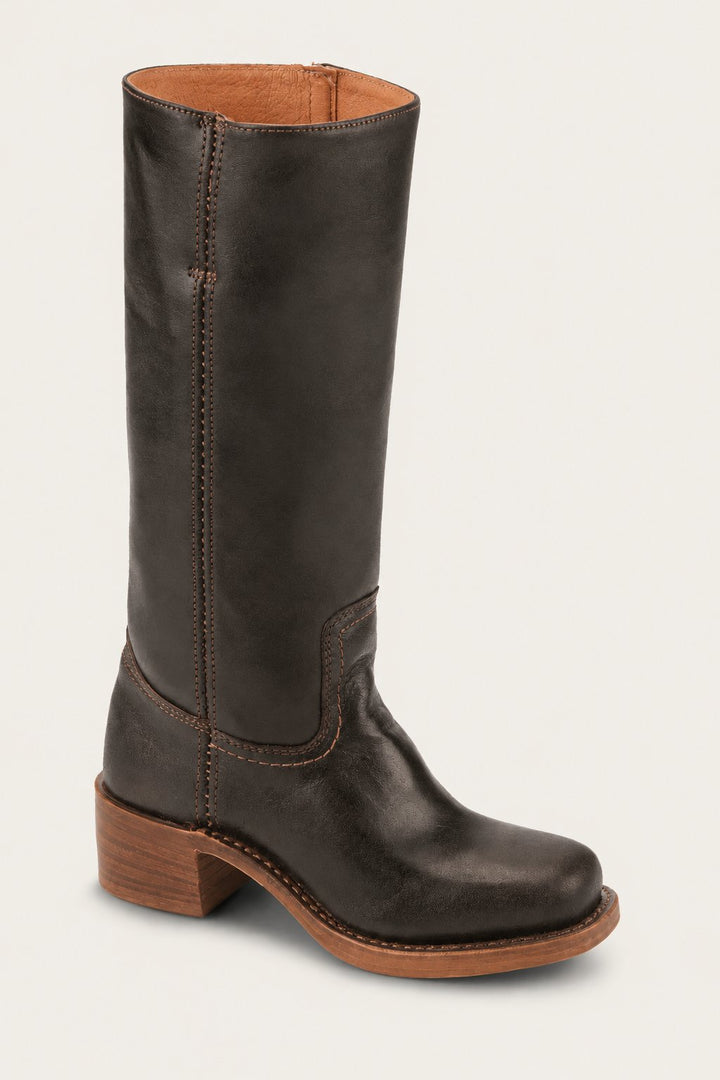 Brown Leather Knee-High Block Heel Boots