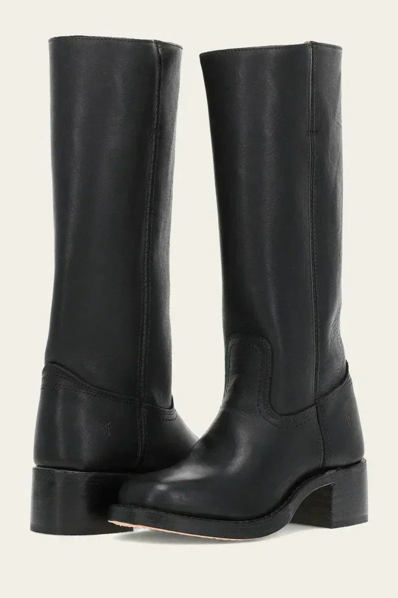 Brown Leather Knee-High Block Heel Boots
