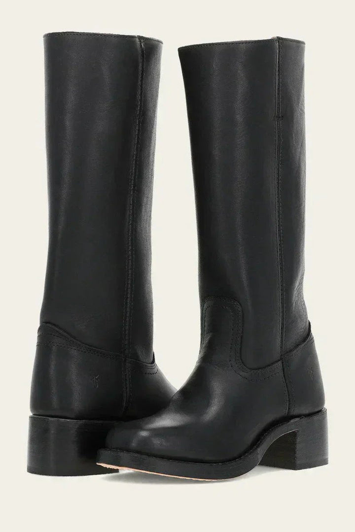 Brown Leather Knee-High Block Heel Boots