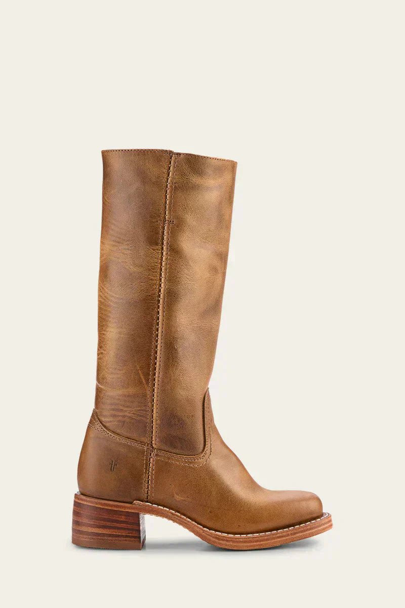 Brown Leather Knee-High Block Heel Boots