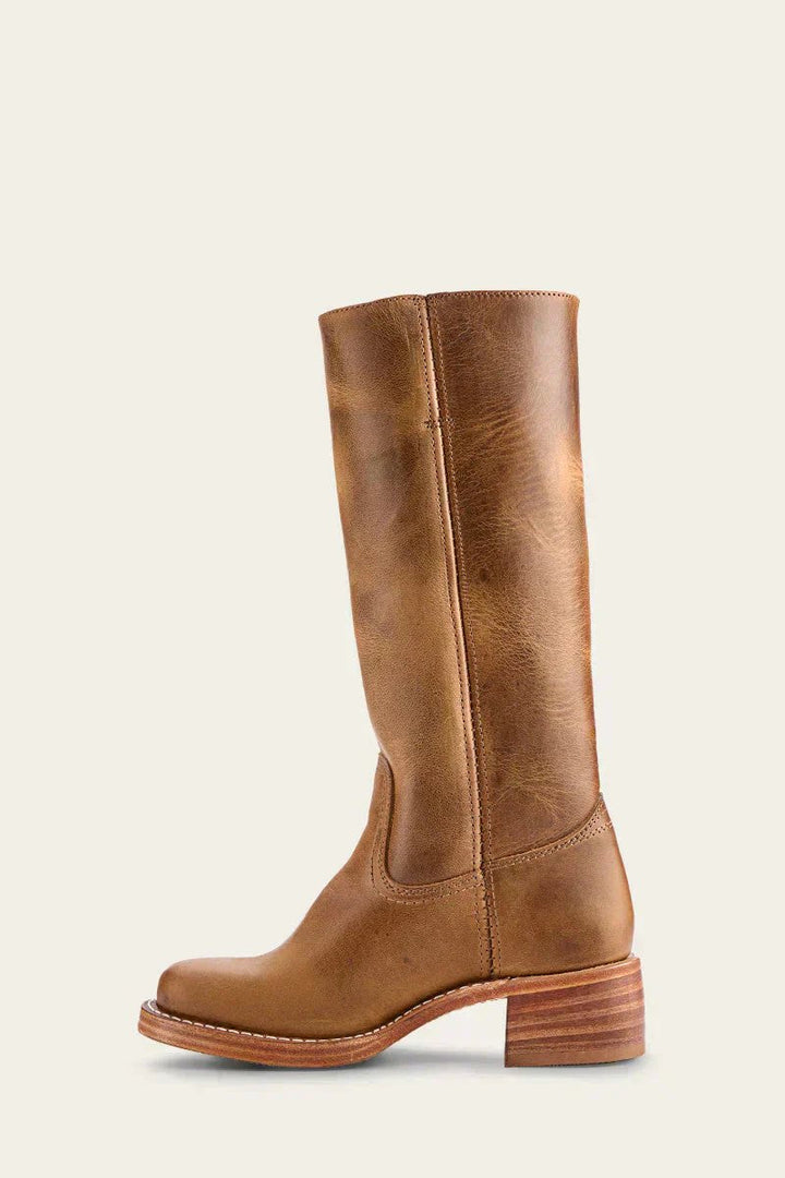 Brown Leather Knee-High Block Heel Boots