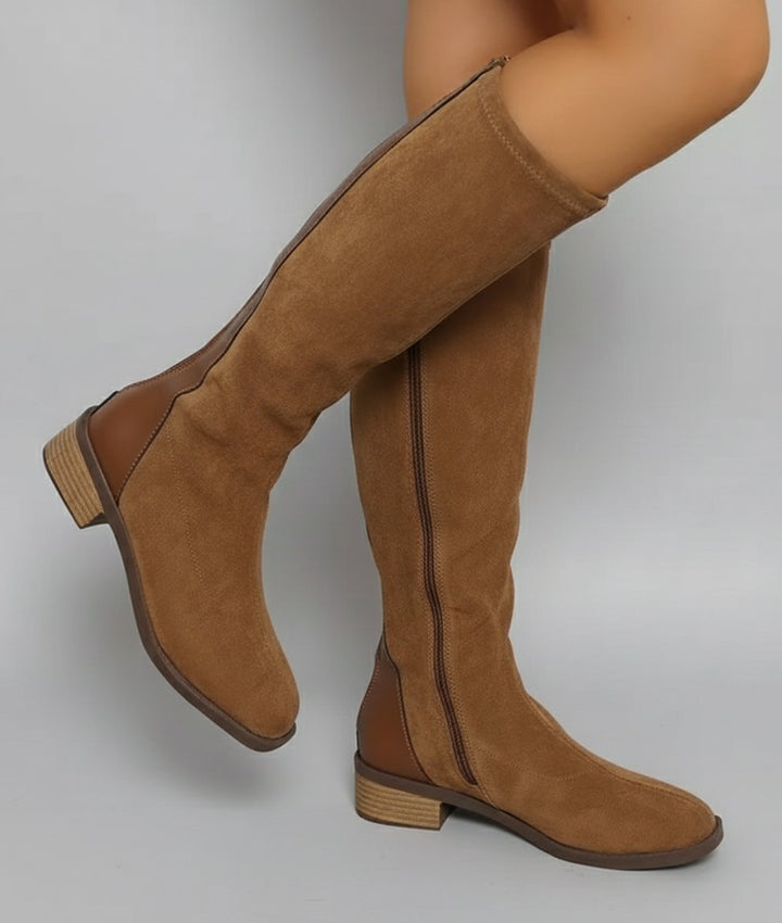 Camel Suede-Look Knee-High Block Heel Boots