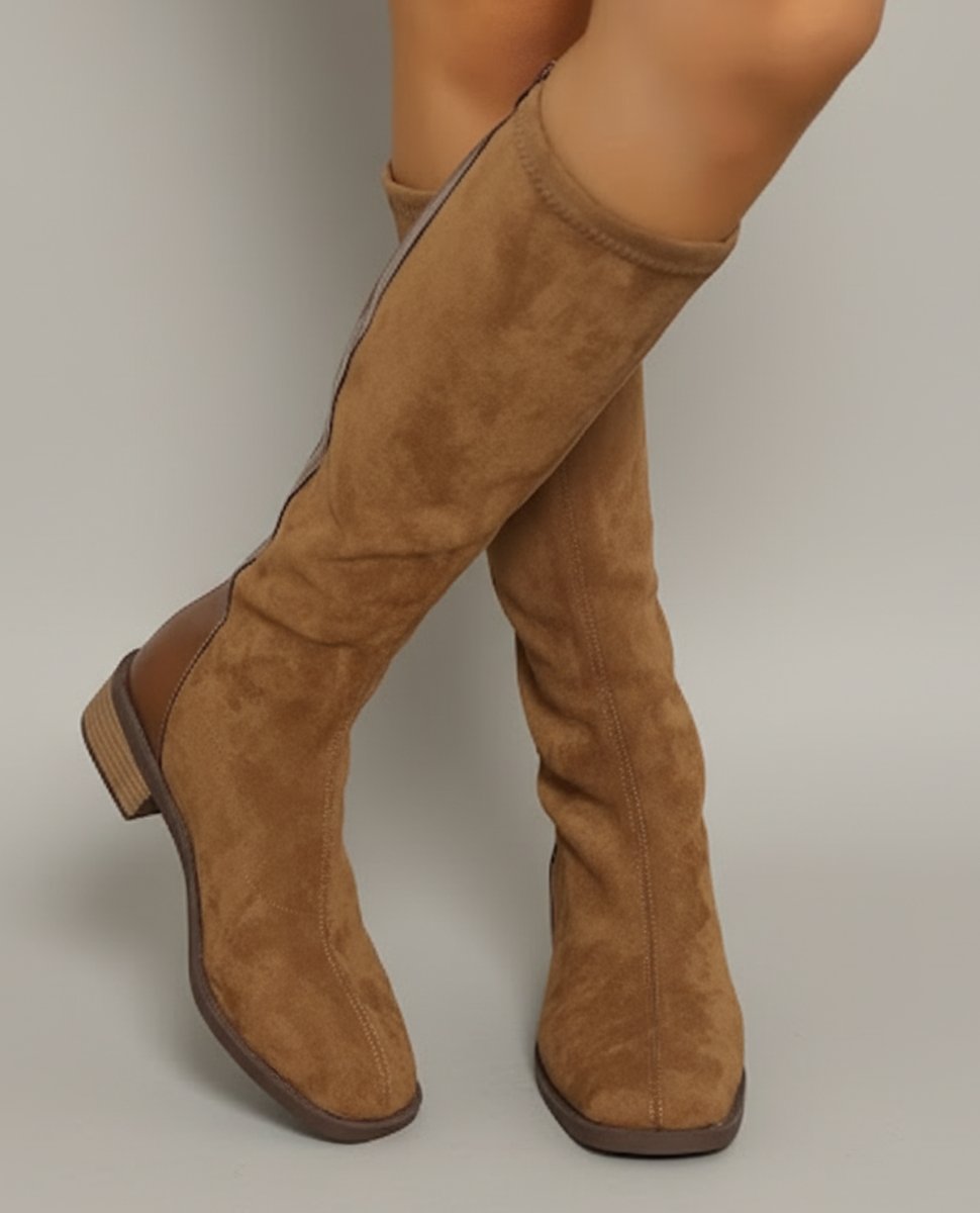 Camel Suede-Look Knee-High Block Heel Boots