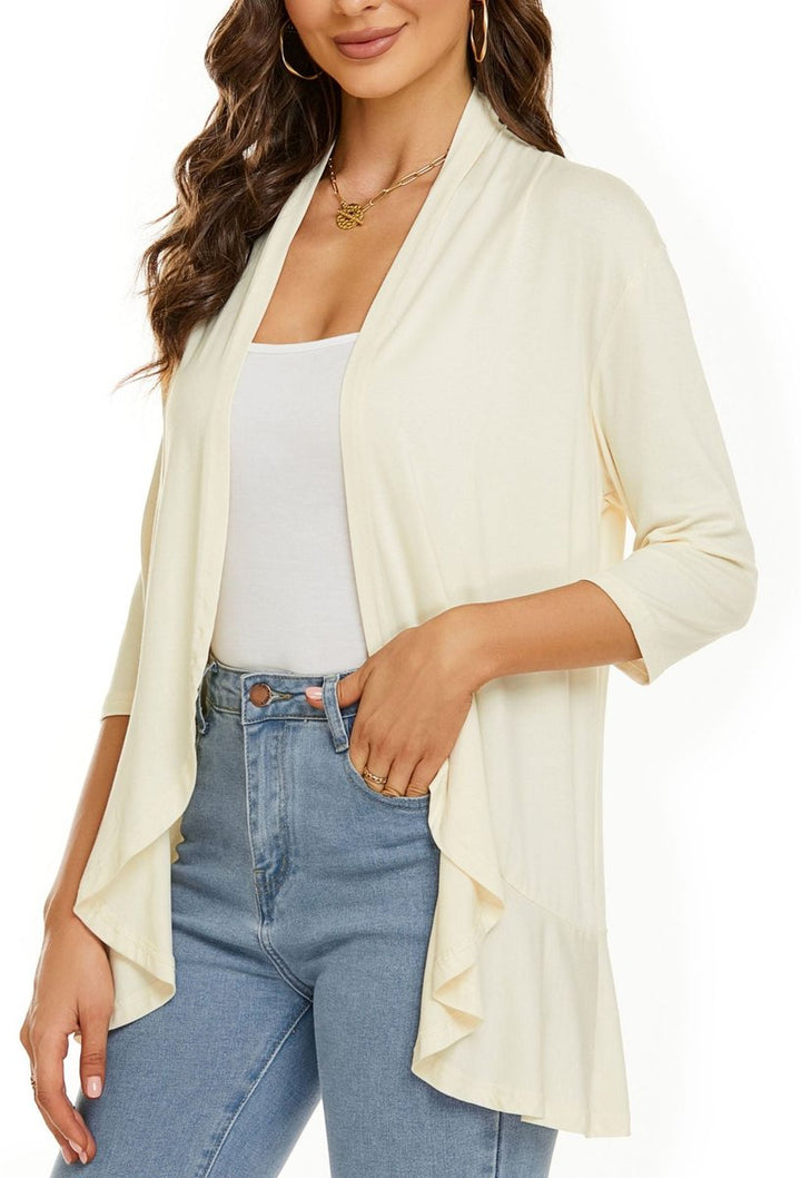 Draped Open-Front Cardigan with 3/4 Sleeves