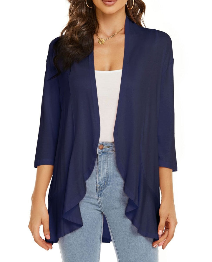 Draped Open-Front Cardigan with 3/4 Sleeves