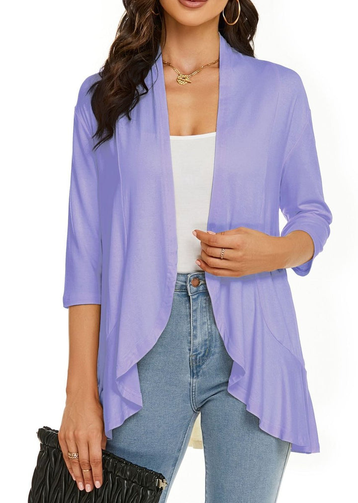 Draped Open-Front Cardigan with 3/4 Sleeves