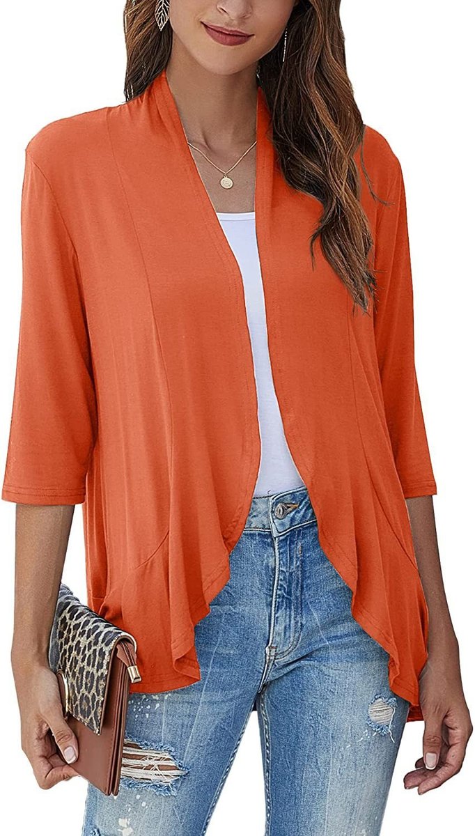 Draped Open-Front Cardigan with 3/4 Sleeves