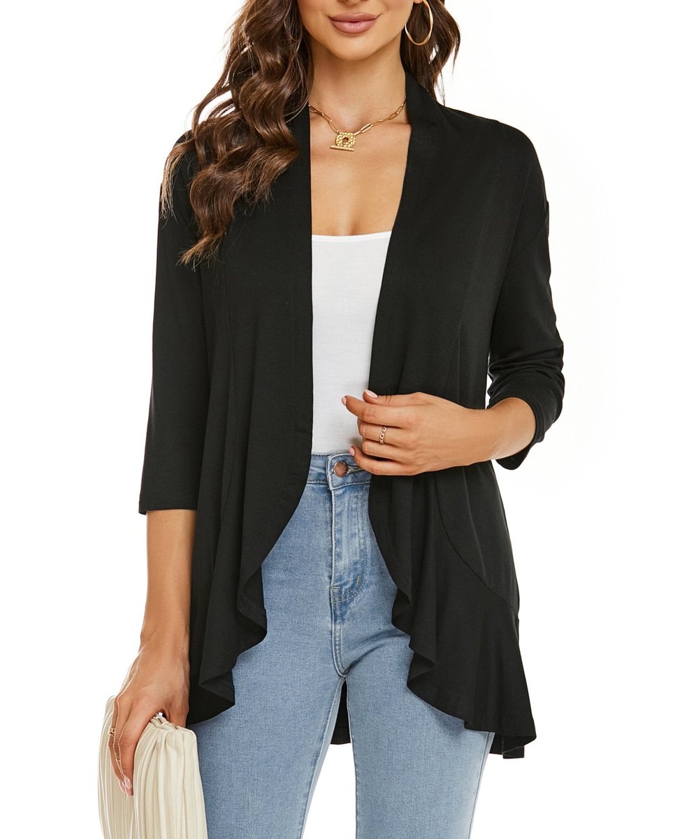 Draped Open-Front Cardigan with 3/4 Sleeves