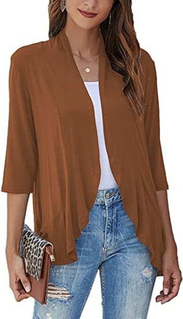 Draped Open-Front Cardigan with 3/4 Sleeves