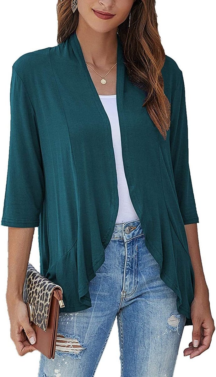 Draped Open-Front Cardigan with 3/4 Sleeves