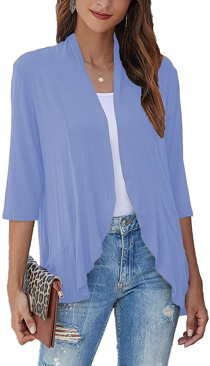Draped Open-Front Cardigan with 3/4 Sleeves