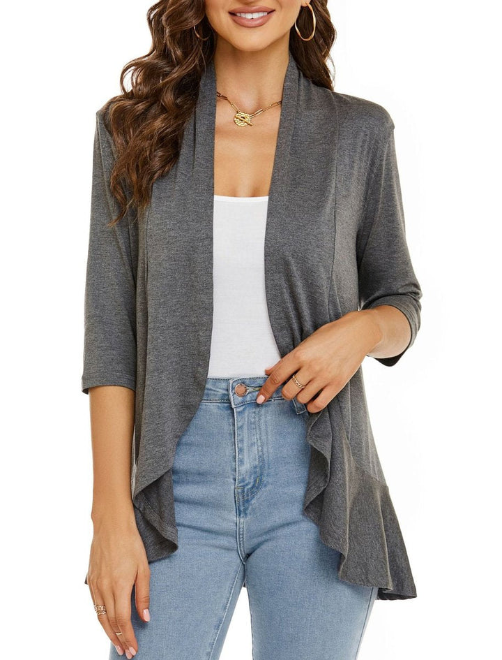 Draped Open-Front Cardigan with 3/4 Sleeves