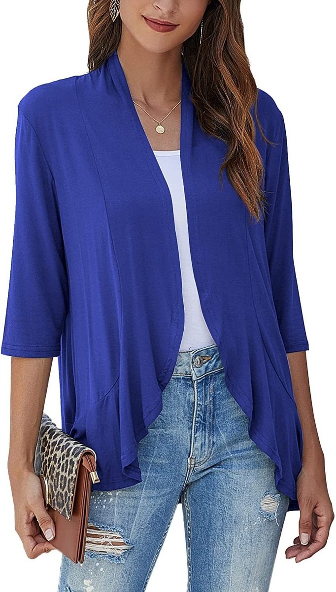 Draped Open-Front Cardigan with 3/4 Sleeves