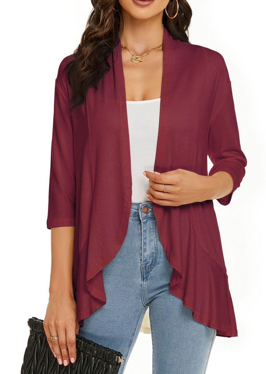 Draped Open-Front Cardigan with 3/4 Sleeves
