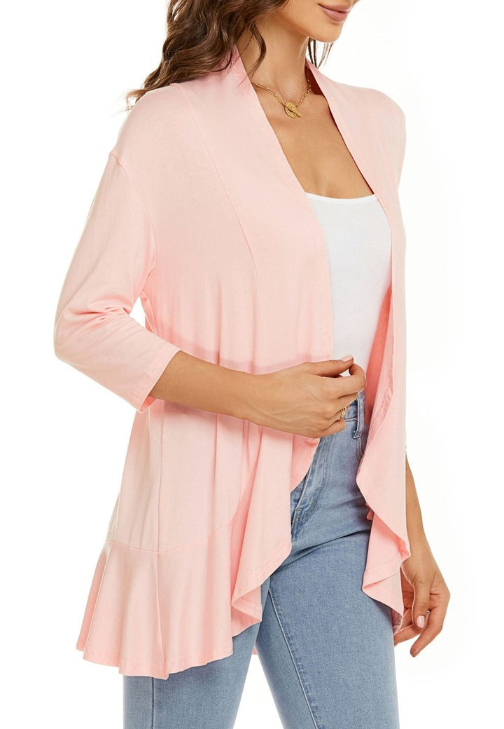 Draped Open-Front Cardigan with 3/4 Sleeves