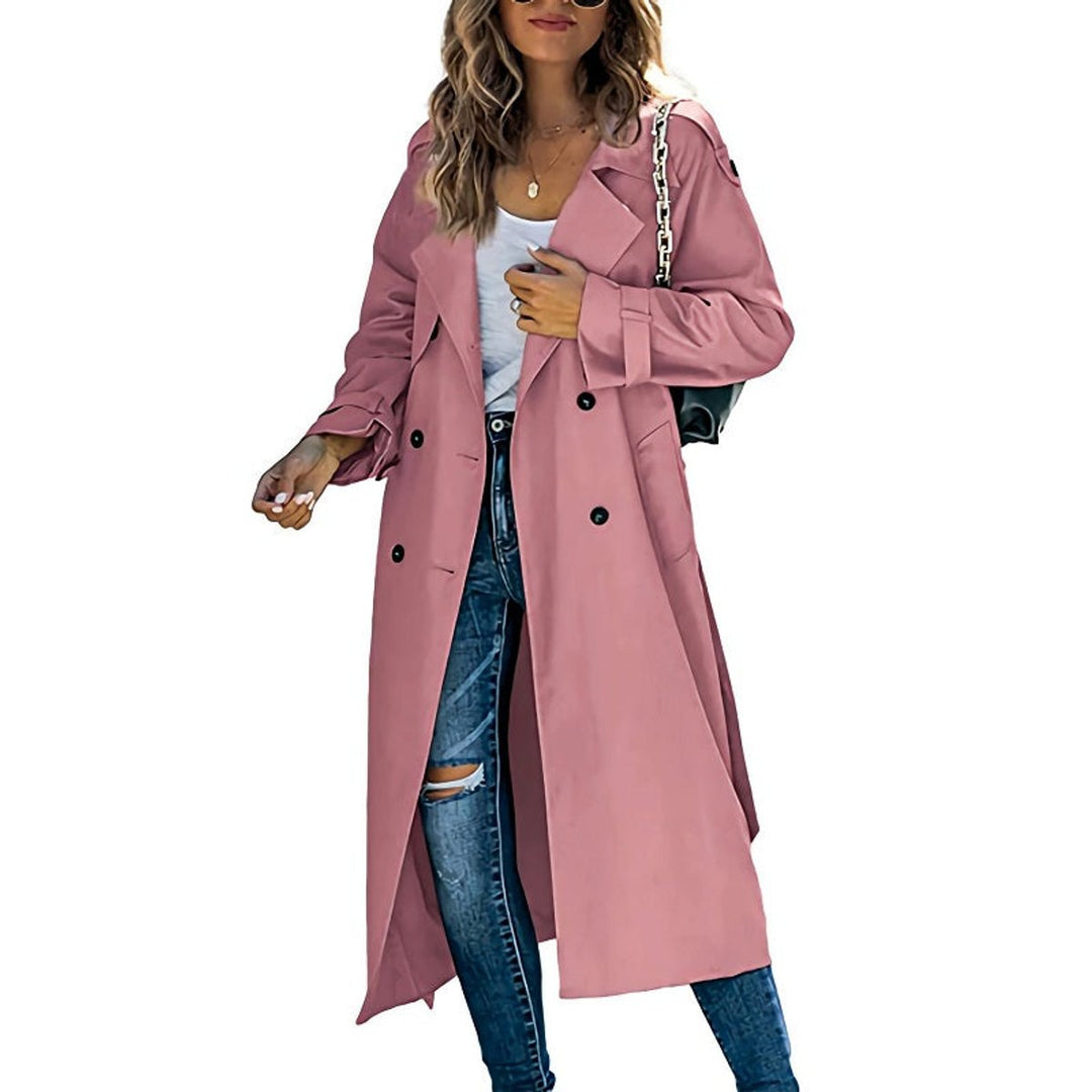 Long Double-Breasted Belted Trench Coat